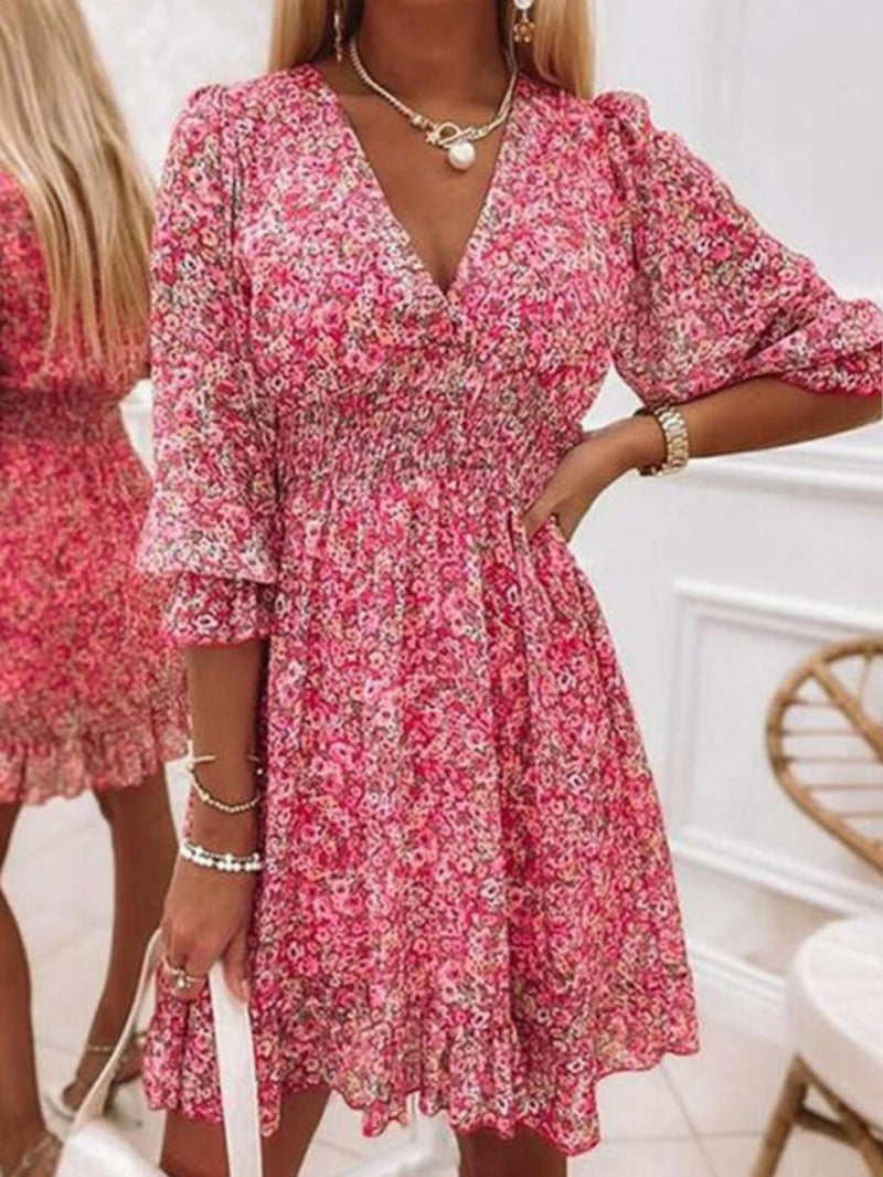 Puff Sleeve Floral Print V-Neck Bohemian Dress