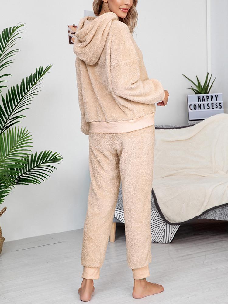 Plush Drawstring Homewear Pocket Hoodie Two-piece