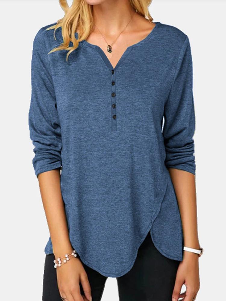 Irregular Hem Button Solid Long-sleeve T-shirt