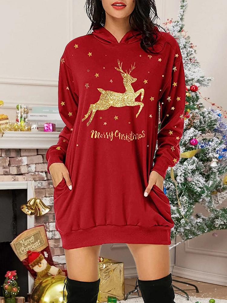 Christmas Print Casual Pocket Long Hoodie