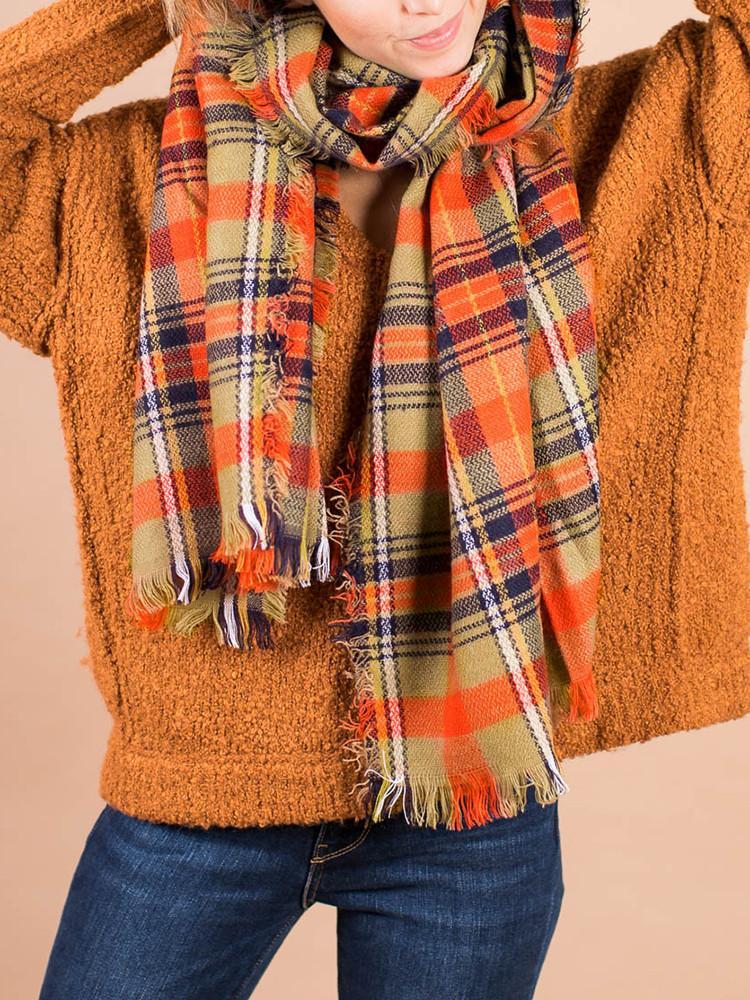 Fringe Warm Square Checked Shawl Scarf