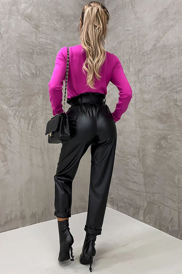 The Dash Petal Waist Pocketed Faux Leather Pants