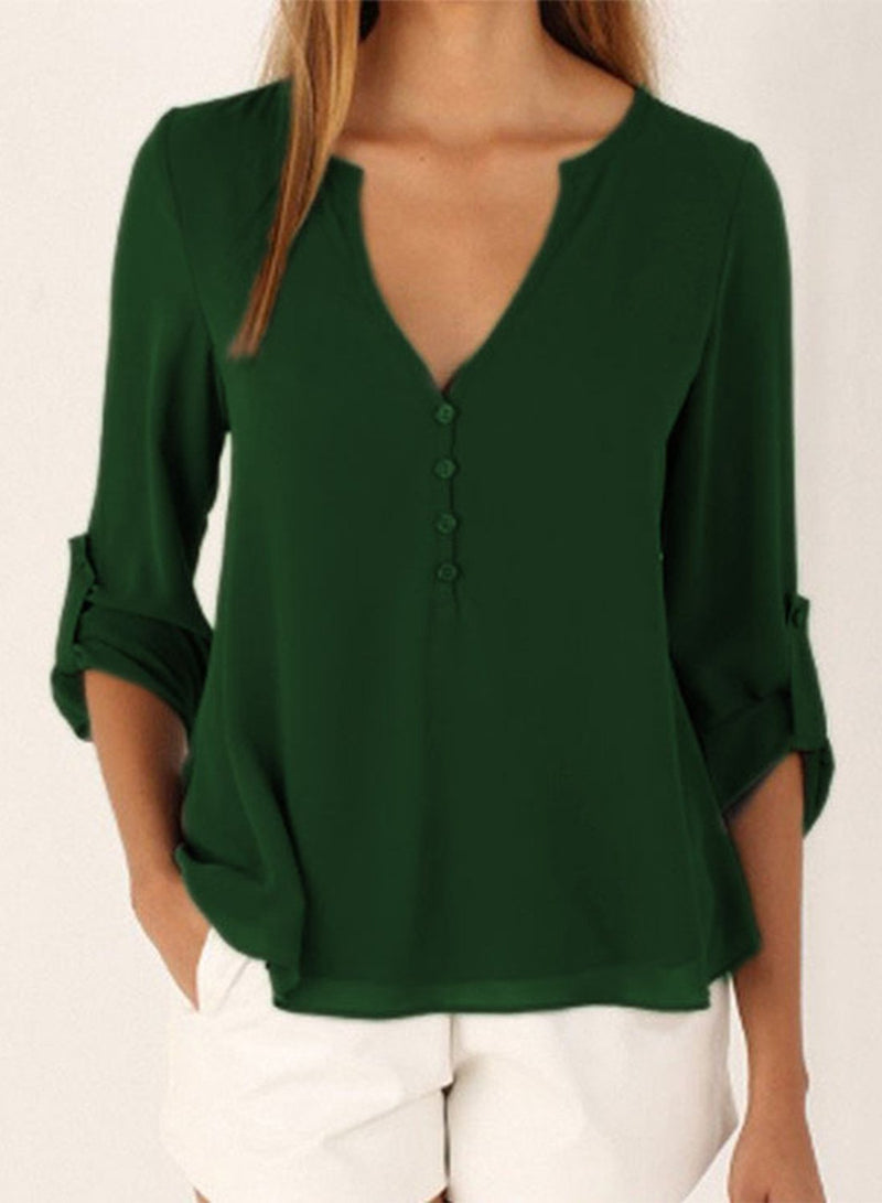 V Neck Long Sleeve Solid Irregular Blouse