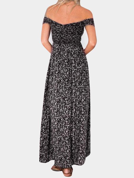 Floral Print Off Shoulder Splited Hem Maxi Dresses - Landing Closet