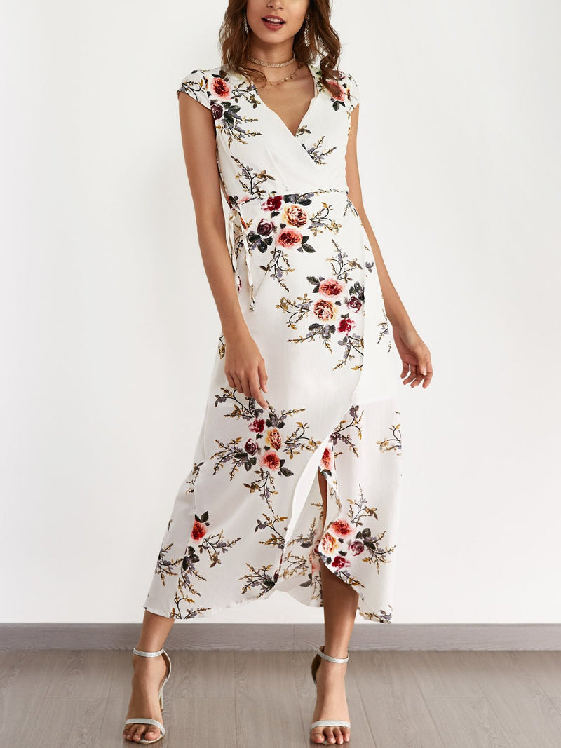 White V-neck Random Floral Print Self-tie Dress