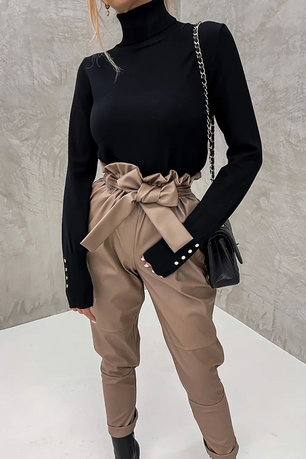 The Dash Petal Waist Pocketed Faux Leather Pants