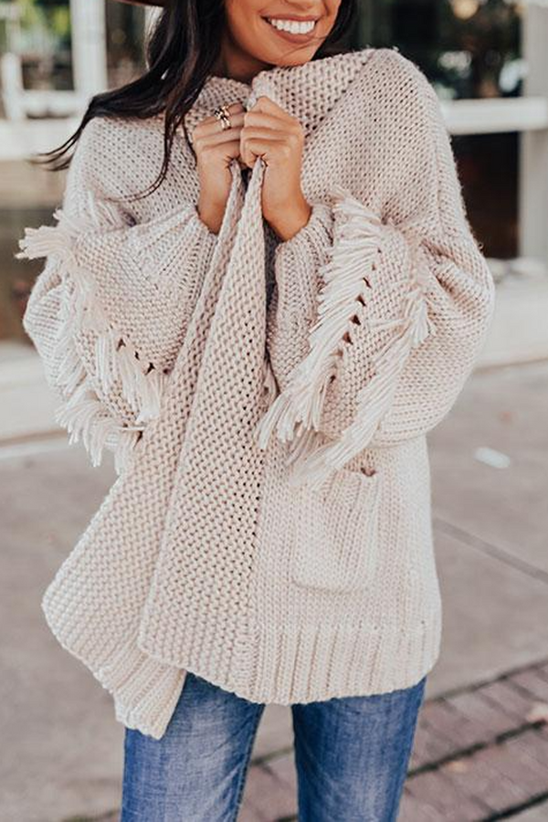 Solid Double Pockets Tassel Cardigan