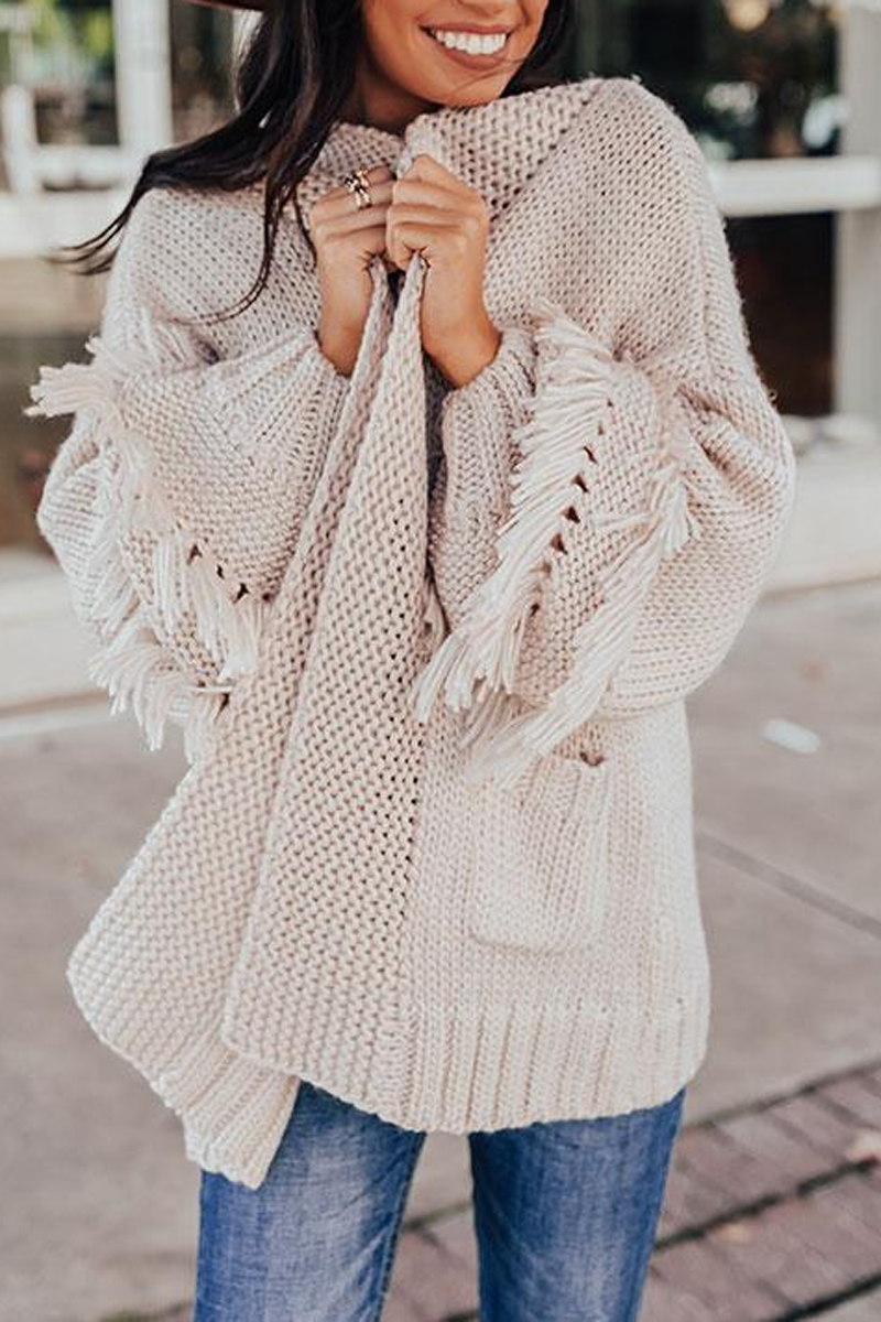 Solid Double Pockets Tassel Cardigan