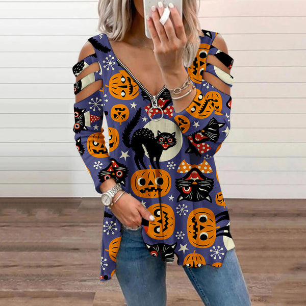 Halloween Print Cold Shoulder Blouse