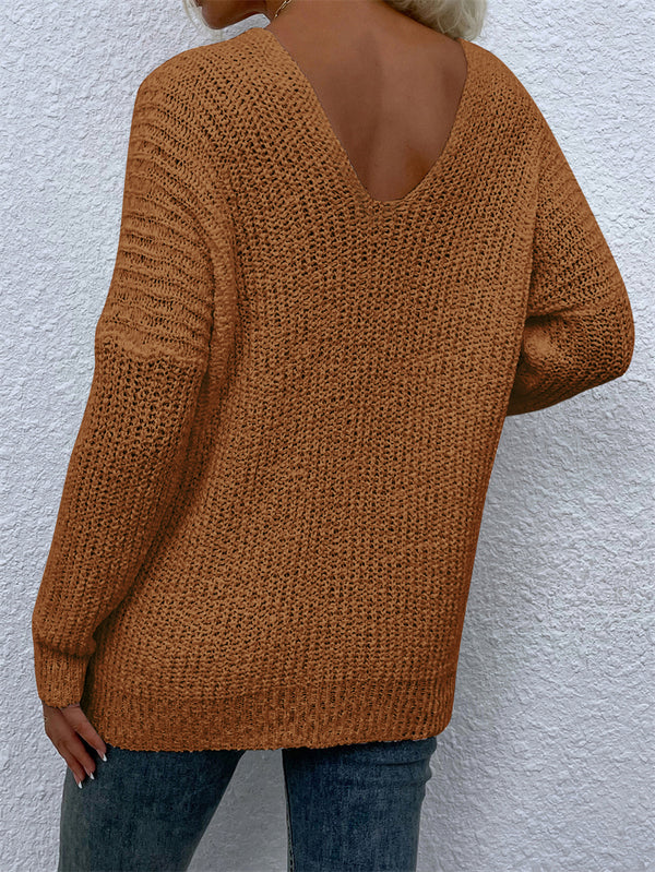 Solid Color V Neck Pullover Sweater