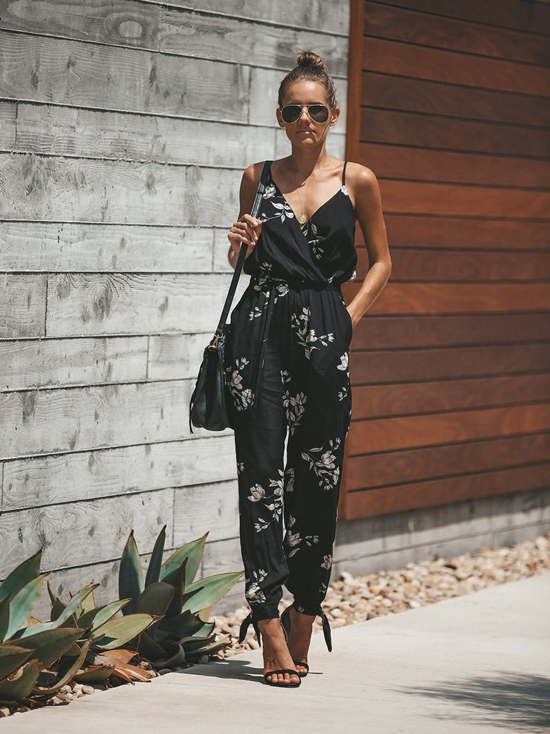 V Neck Split Long Floral Pocketed Romper Jumpsuits