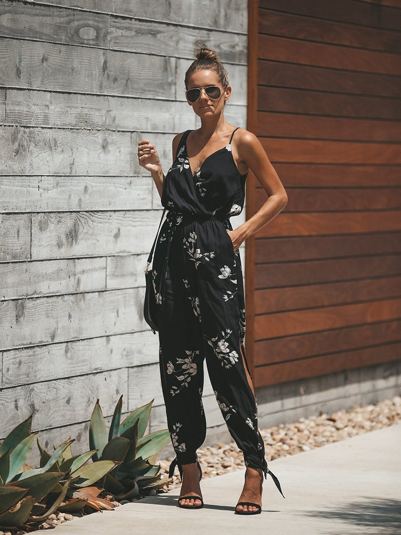 V Neck Split Long Floral Pocketed Romper Jumpsuits