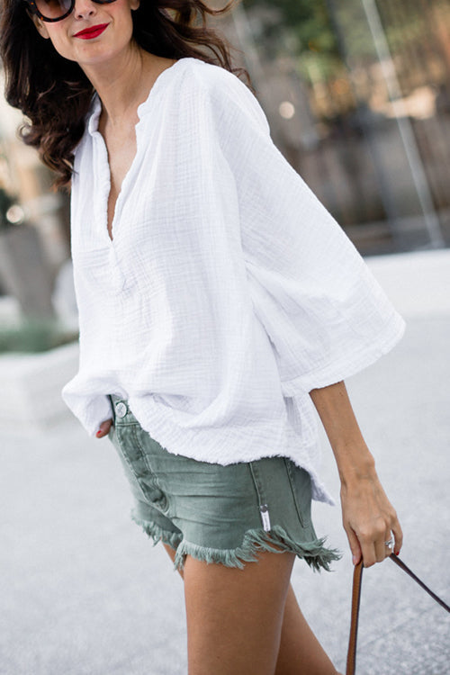 Linen V Neck Loose Blouse