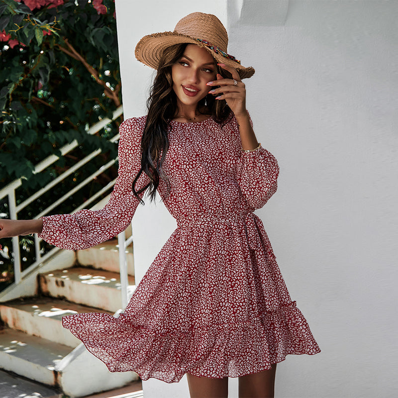 Round Neck Long Sleeve Floral Wrap Tie Waist Mini Dress