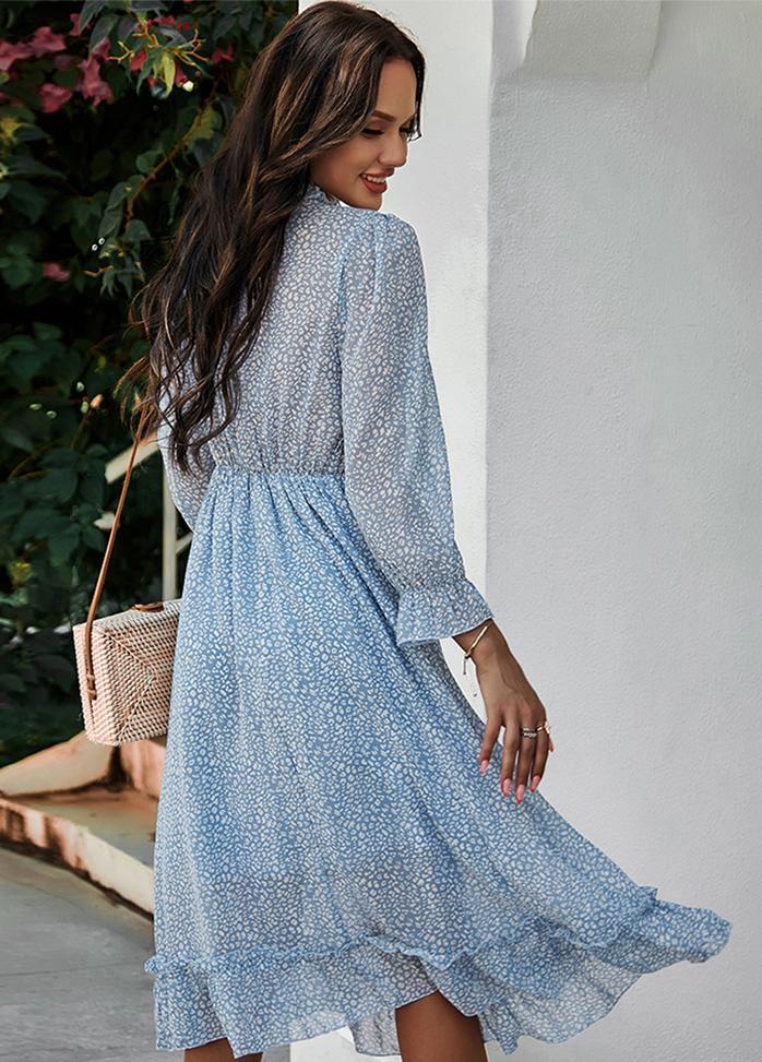 Printed V Neck Long Sleeve Dress