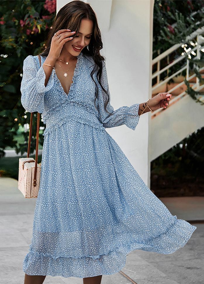 Printed V Neck Long Sleeve Dress