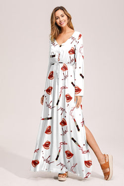 Floral Deep Long Sleeves Tie Back Ruffled Hem Maxi Dress