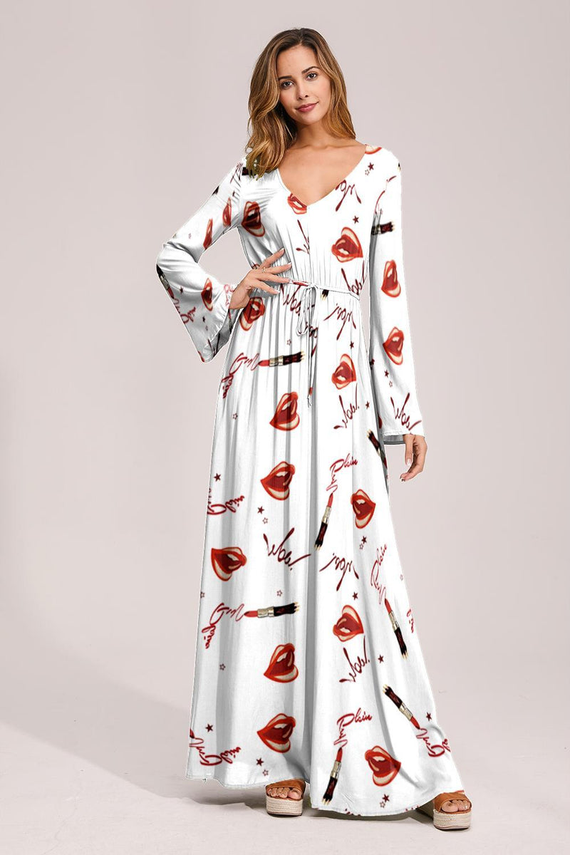 Floral Deep Long Sleeves Tie Back Ruffled Hem Maxi Dress