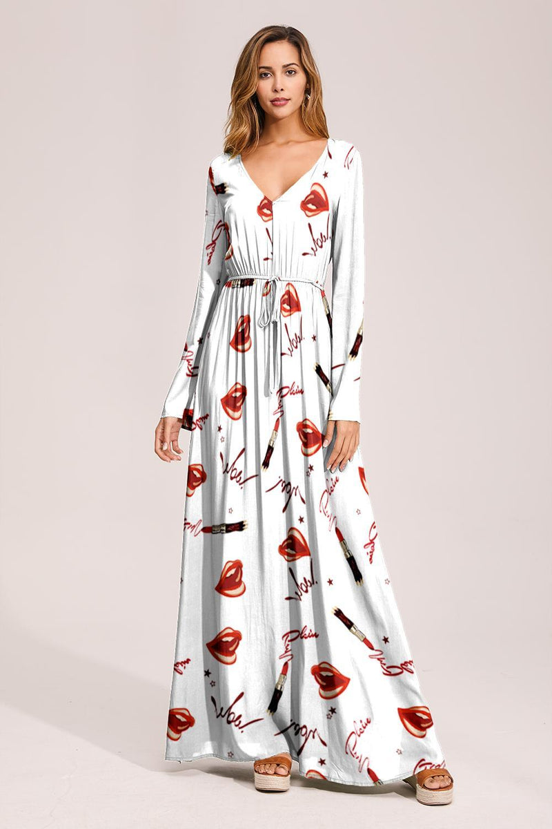 Floral Deep Long Sleeves Tie Back Ruffled Hem Maxi Dress