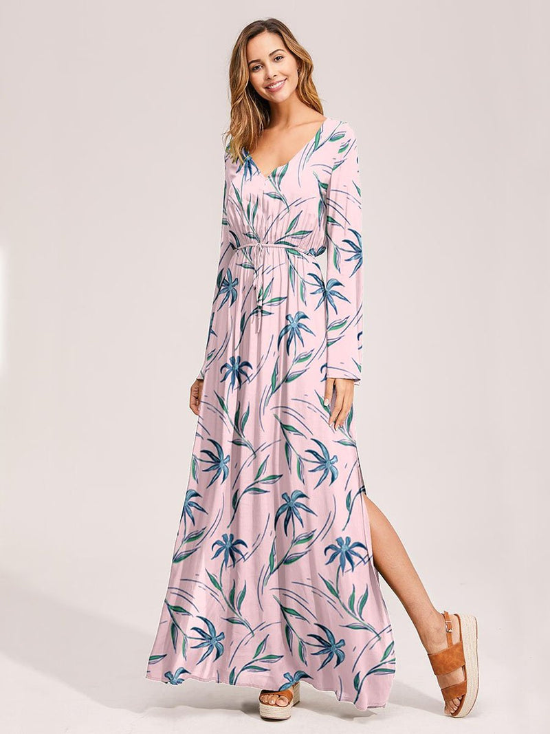 Floral Print Surplice Belted Dress