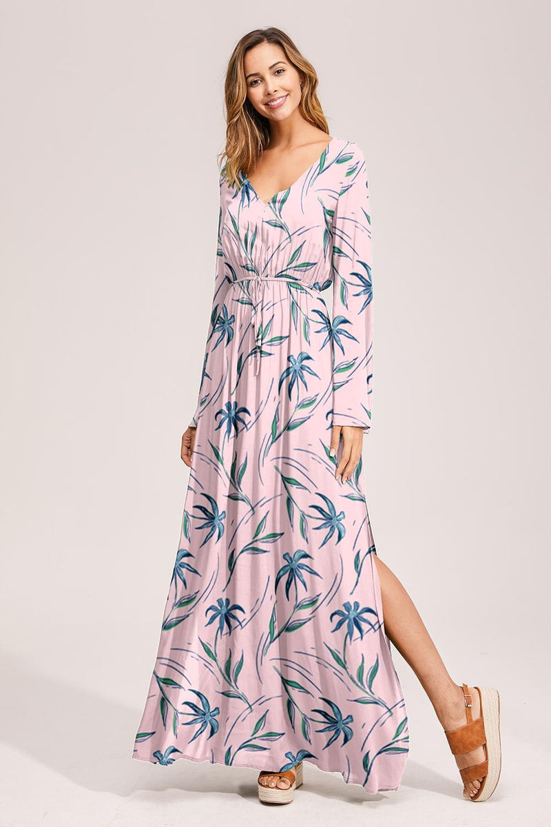 Floral Deep Long Sleeves Tie Back Ruffled Hem Maxi Dress