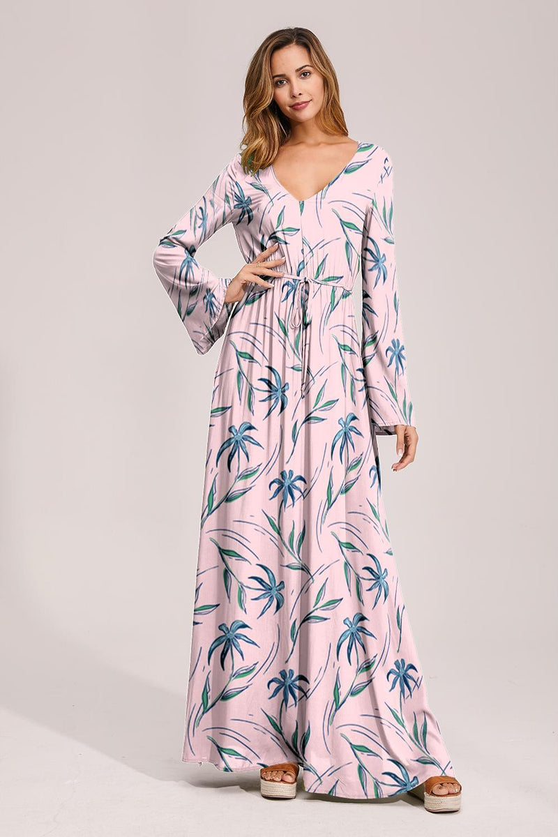 Floral Deep Long Sleeves Tie Back Ruffled Hem Maxi Dress