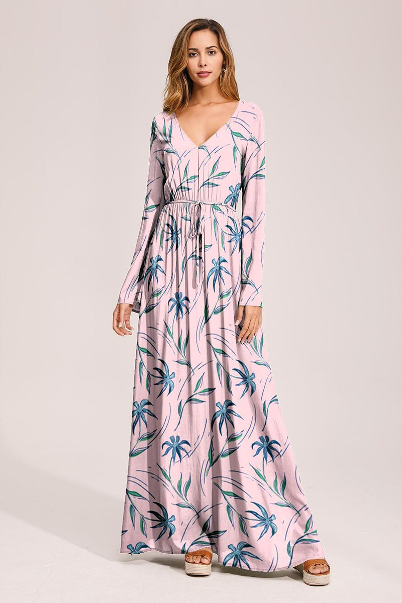 Floral Deep Long Sleeves Tie Back Ruffled Hem Maxi Dress