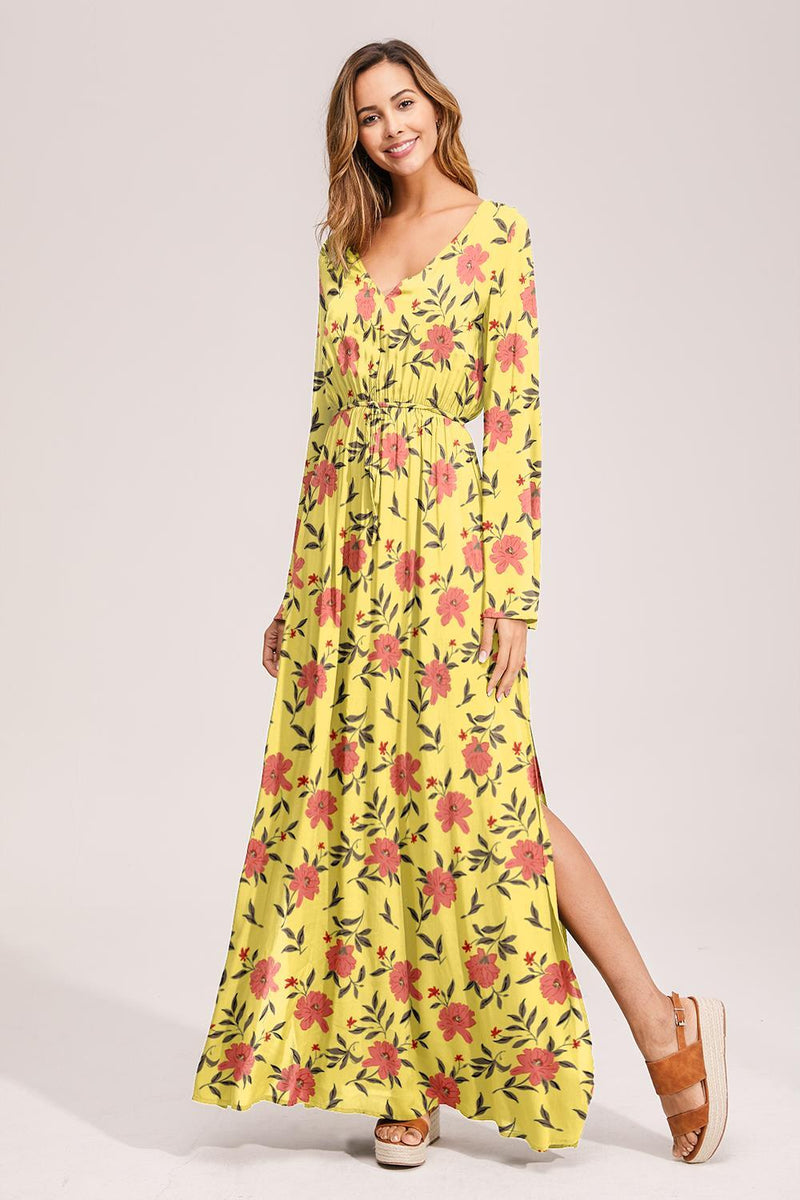 Floral Deep Long Sleeves Tie Back Ruffled Hem Maxi Dress