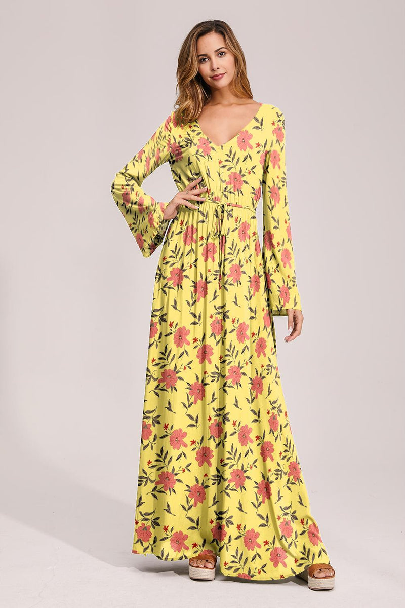 Floral Deep Long Sleeves Tie Back Ruffled Hem Maxi Dress