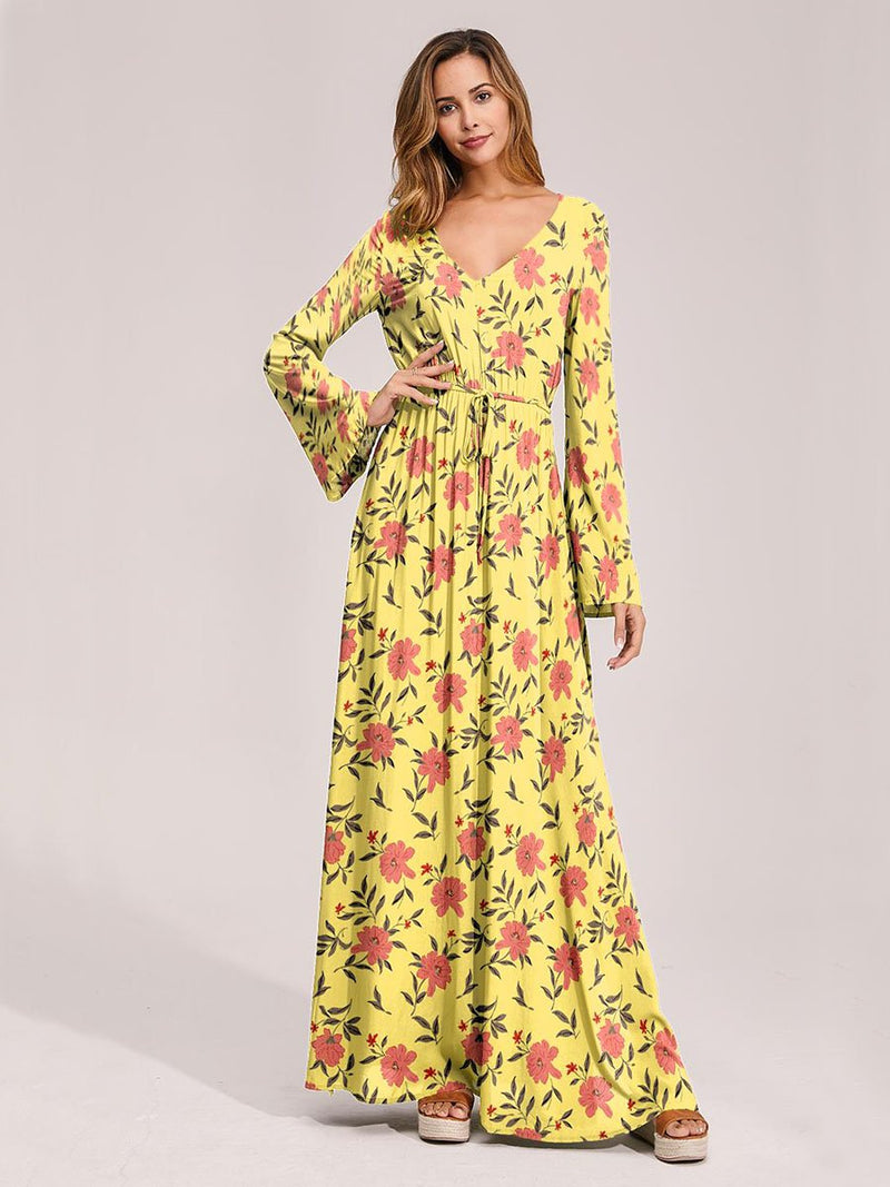 Floral Print Surplice Belted Dress