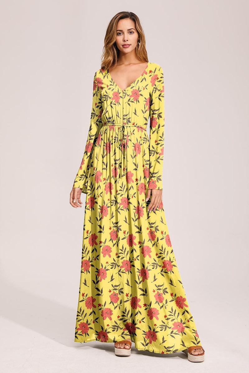 Floral Deep Long Sleeves Tie Back Ruffled Hem Maxi Dress