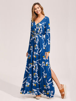 Floral Print Surplice Belted Dress