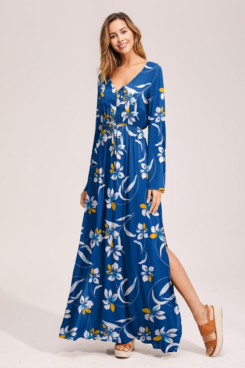 Floral Deep Long Sleeves Tie Back Ruffled Hem Maxi Dress