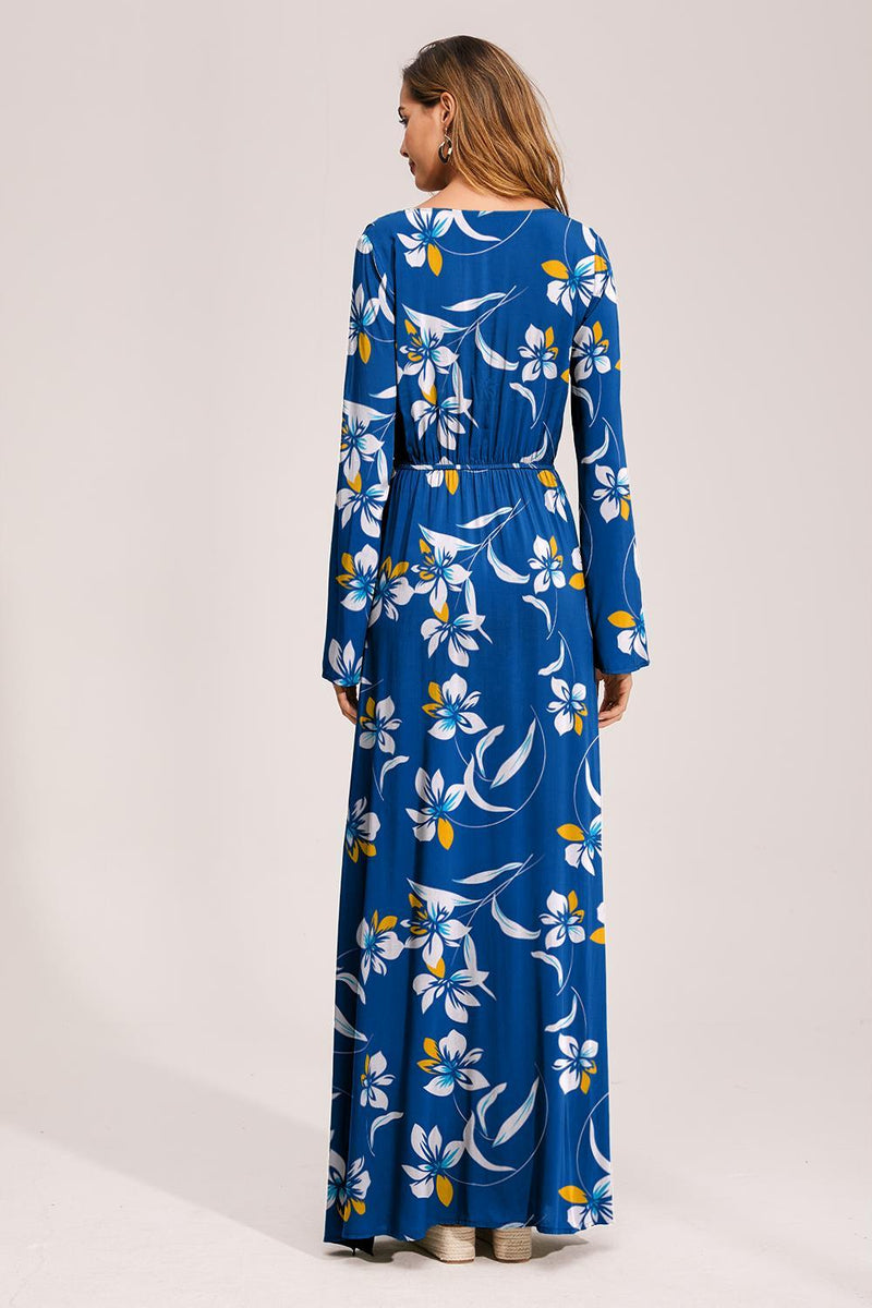 Floral Deep Long Sleeves Tie Back Ruffled Hem Maxi Dress