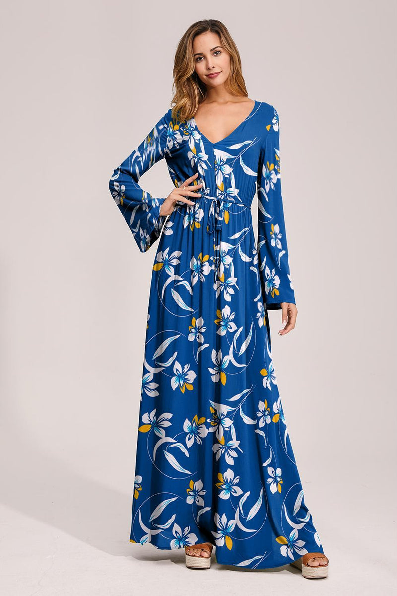 Floral Deep Long Sleeves Tie Back Ruffled Hem Maxi Dress