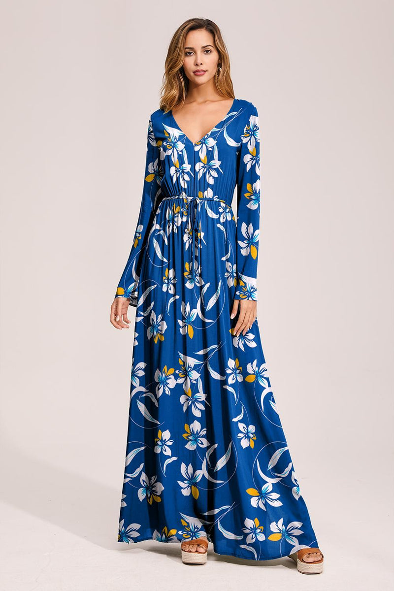 Floral Deep Long Sleeves Tie Back Ruffled Hem Maxi Dress