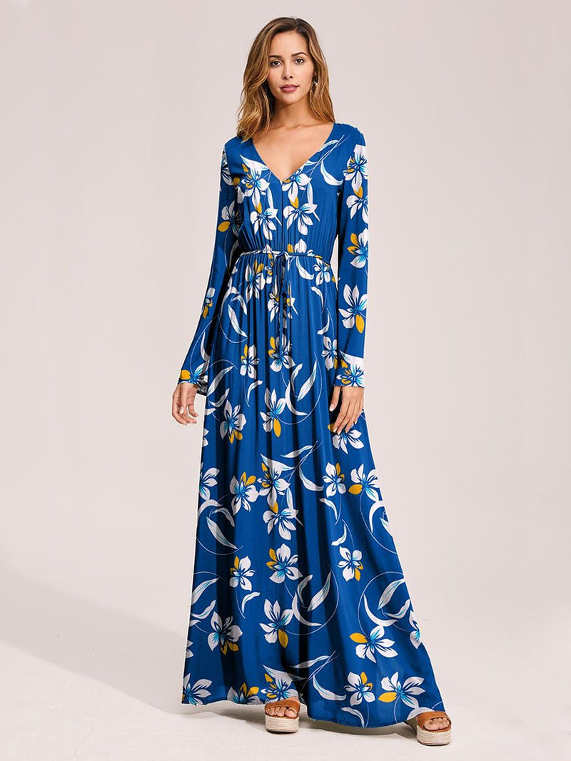 Floral Print Surplice Belted Dress