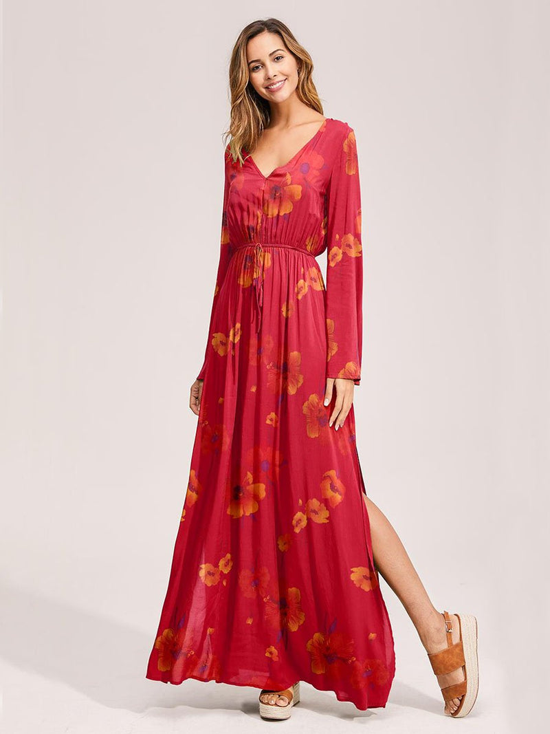 Floral Print Surplice Belted Dress