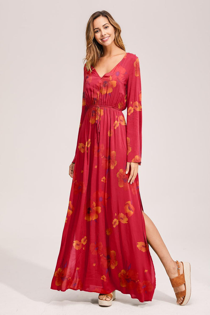 Floral Deep Long Sleeves Tie Back Ruffled Hem Maxi Dress