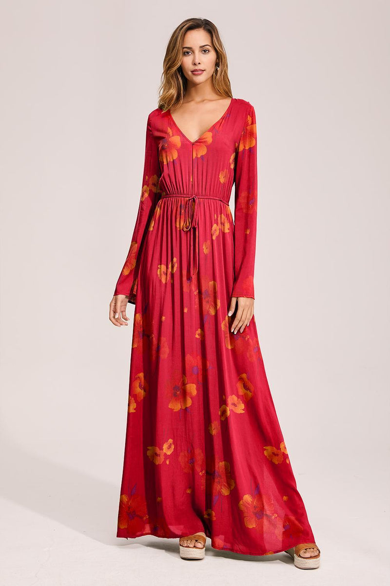 Floral Deep Long Sleeves Tie Back Ruffled Hem Maxi Dress