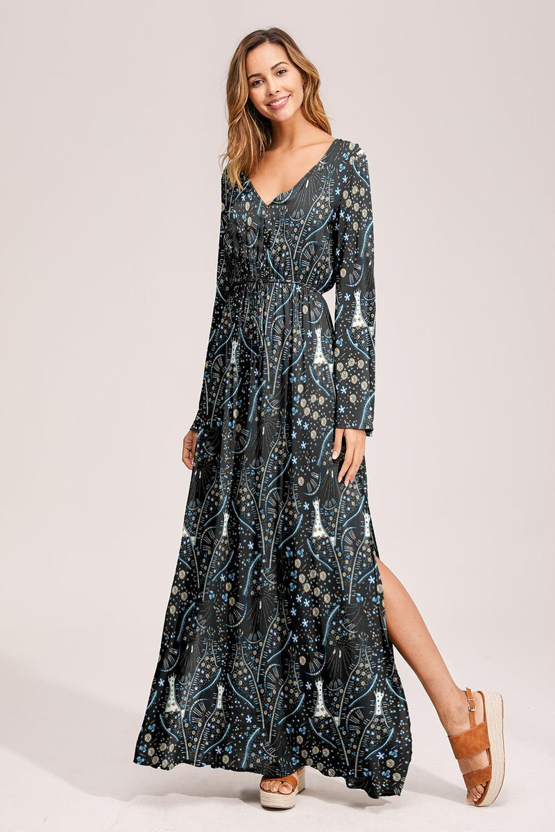 Floral Deep Long Sleeves Tie Back Ruffled Hem Maxi Dress