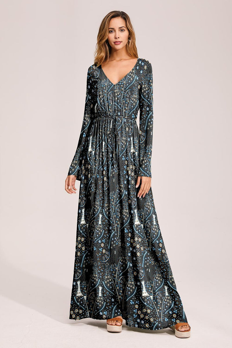 Floral Deep Long Sleeves Tie Back Ruffled Hem Maxi Dress