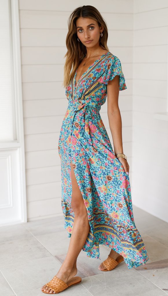 Floral V-neck Short Sleeve Maxi Dress