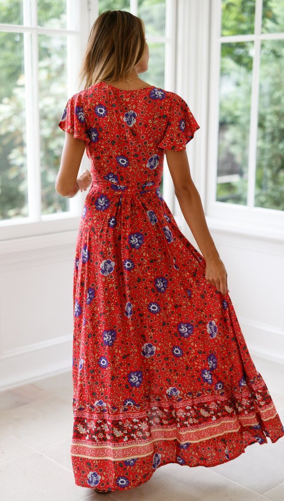 Floral V-neck Short Sleeve Maxi Dress