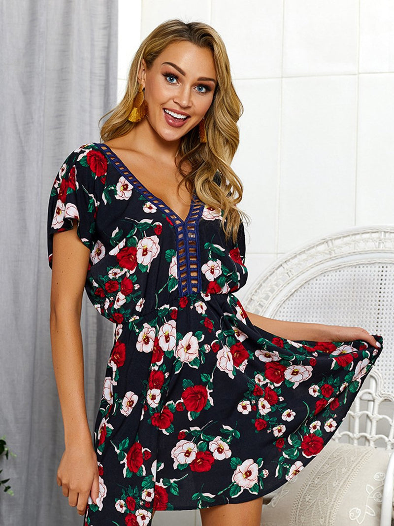 Backless V-neck Floral Short Sleeves Mini Dress - Landing Closet