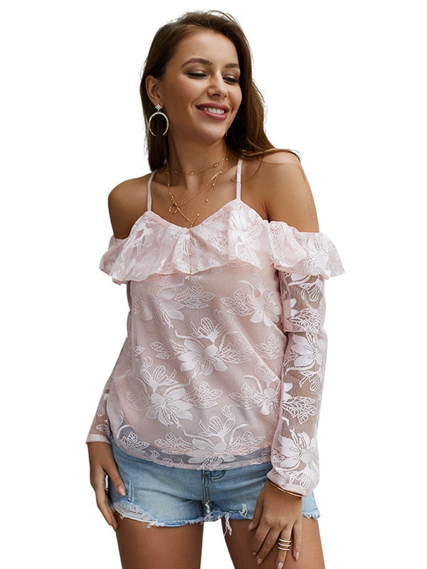 Cold Shoulder Strap Long Sleeves Backless Lace Top T-shirt - Landing Closet