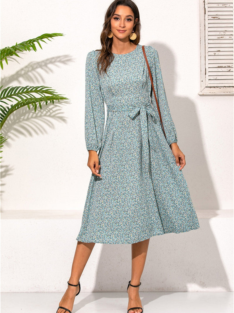 Casual Ditsy Floral Print Long Sleeve Midi Dress