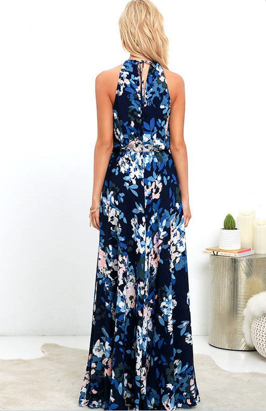 Fashion Sleeveless O-Neck Printed Split Maxi Dress