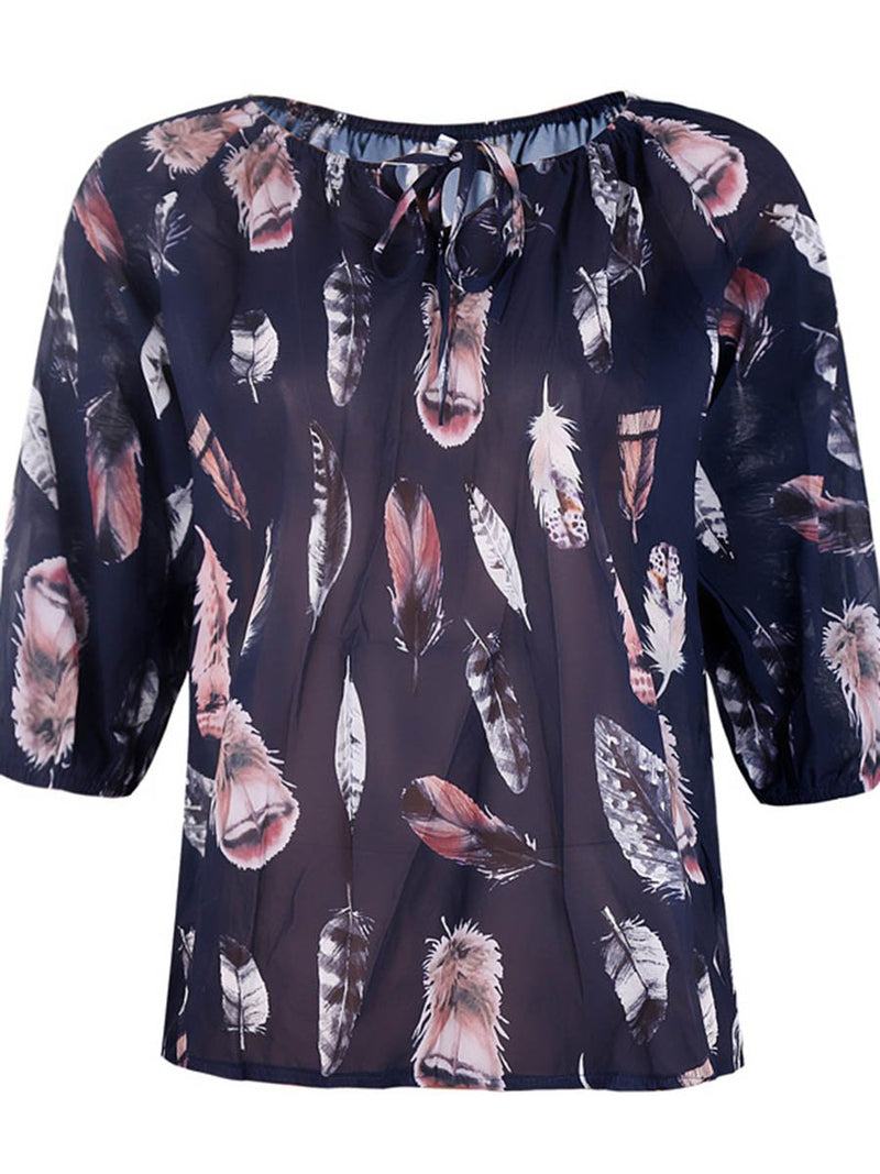 Feathers Printed V-neck Loose Fit T-shirt Top