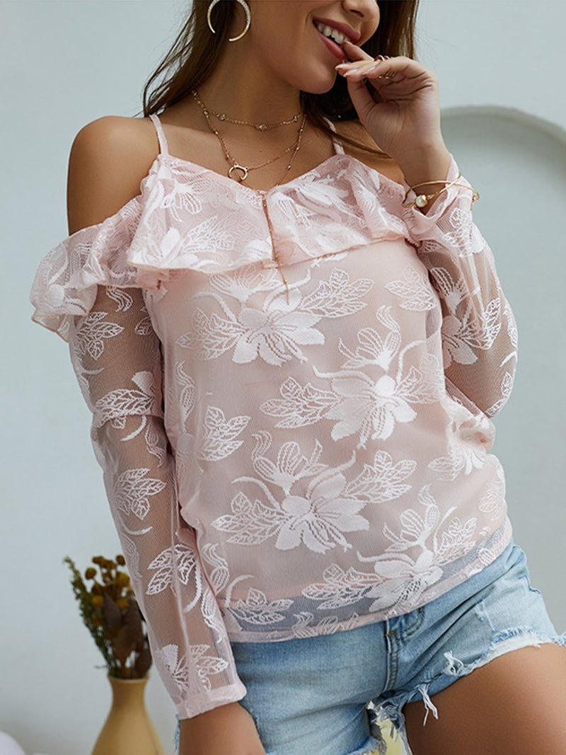 Cold Shoulder Strap Long Sleeves Backless Lace Top T-shirt - Landing Closet